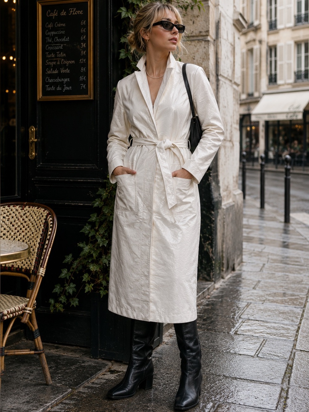 NOMIA Minimalist Architectural Cream Faux Leather Belted Trench Coat, S/4